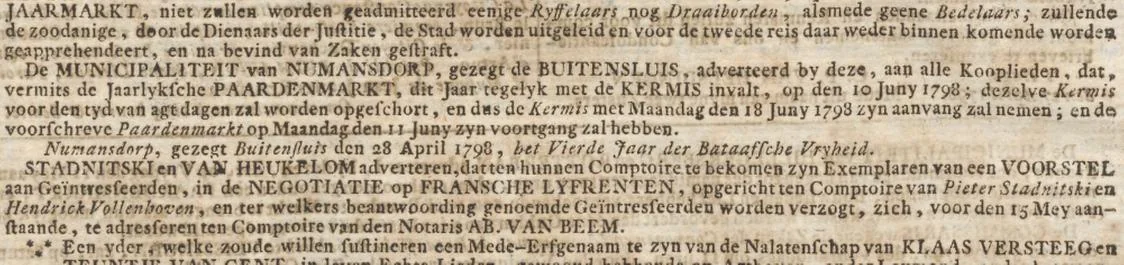 Krantenadvertentie uit 1798 waarin de municipaliteit van Numansdorp kooplieden voor de paardenmarkt zoekt
