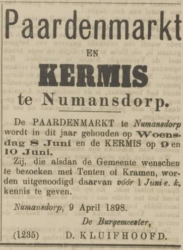 Krantenaankondiging van april 1898: de paardenmarkt wordt gehouden op woensdag 8 juni en de kermis op 9 en 10 juni