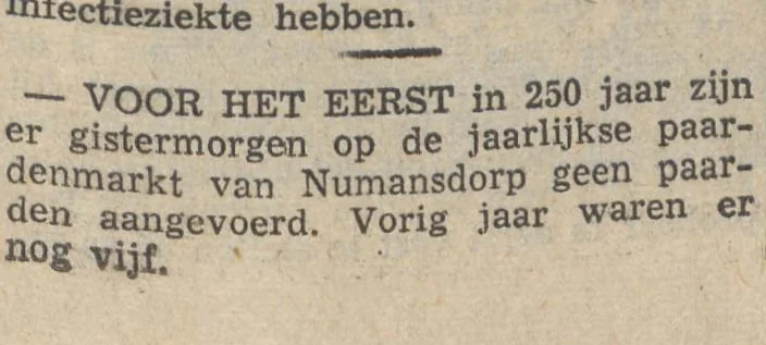 Krantenknipsel: voor het eerst in 250 jaar zijn er op de paardenmarkt van Numansdorp geen paarden aangevoerd